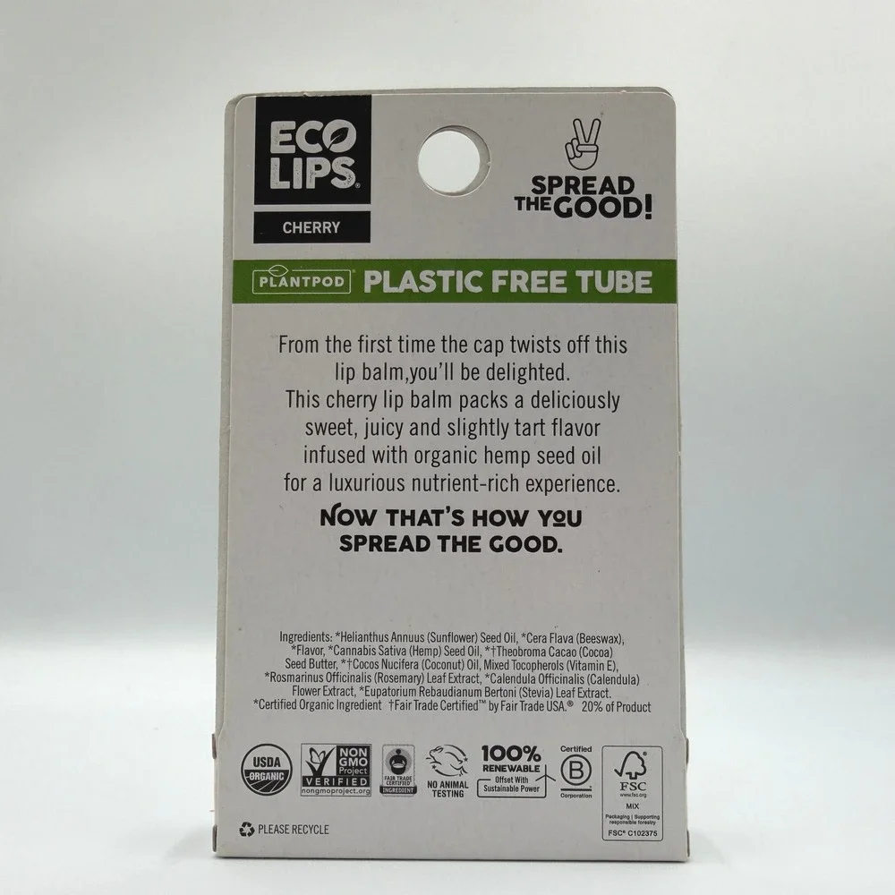 Eco Lips Hemp Lip Balm .15oz Cherry Lot Of (3) Plastic Free Tube Organic **NEW**